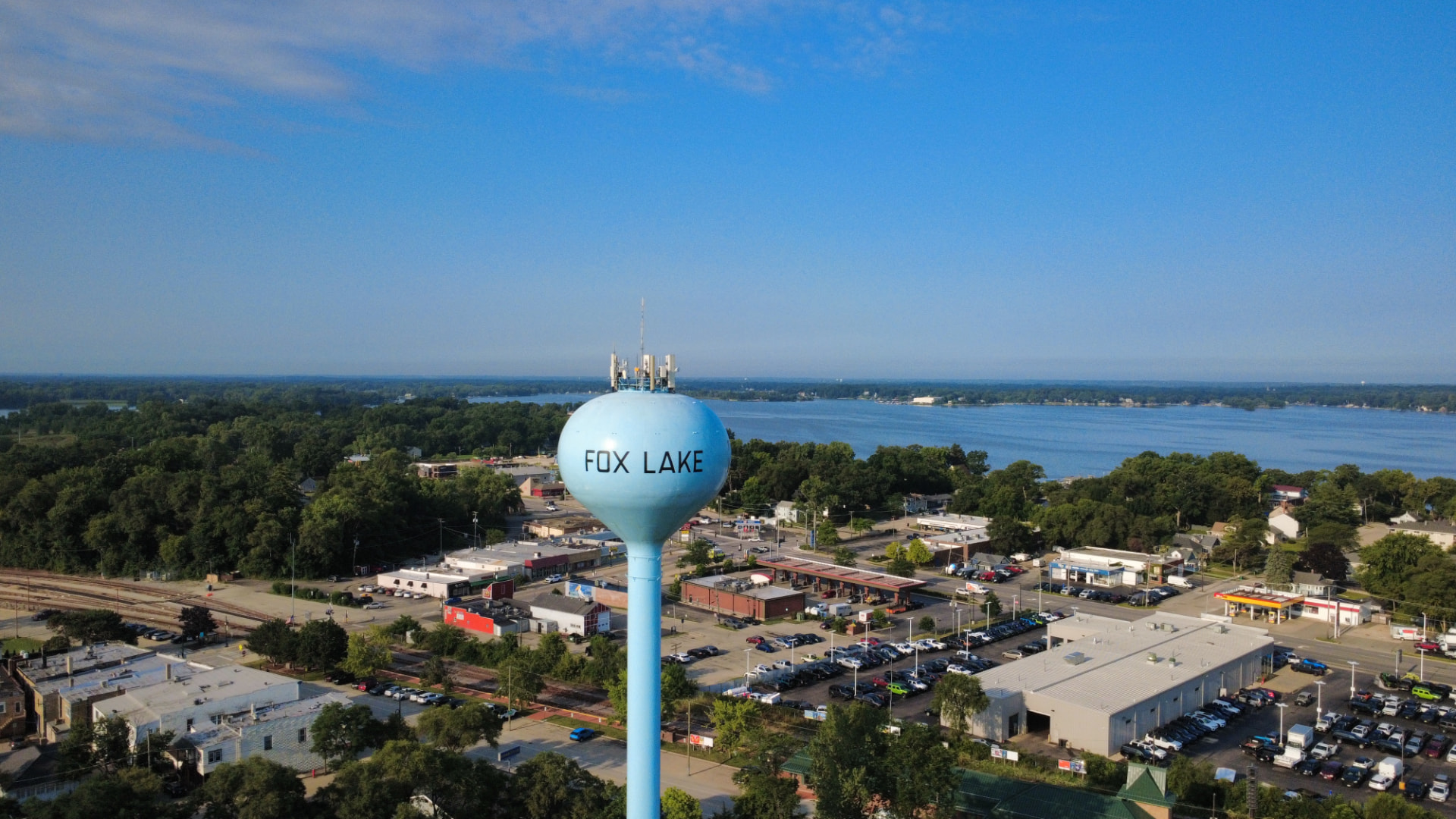Fox Lake water tower overlooking the Chain O'Lakes in Fox Lake, Illinois