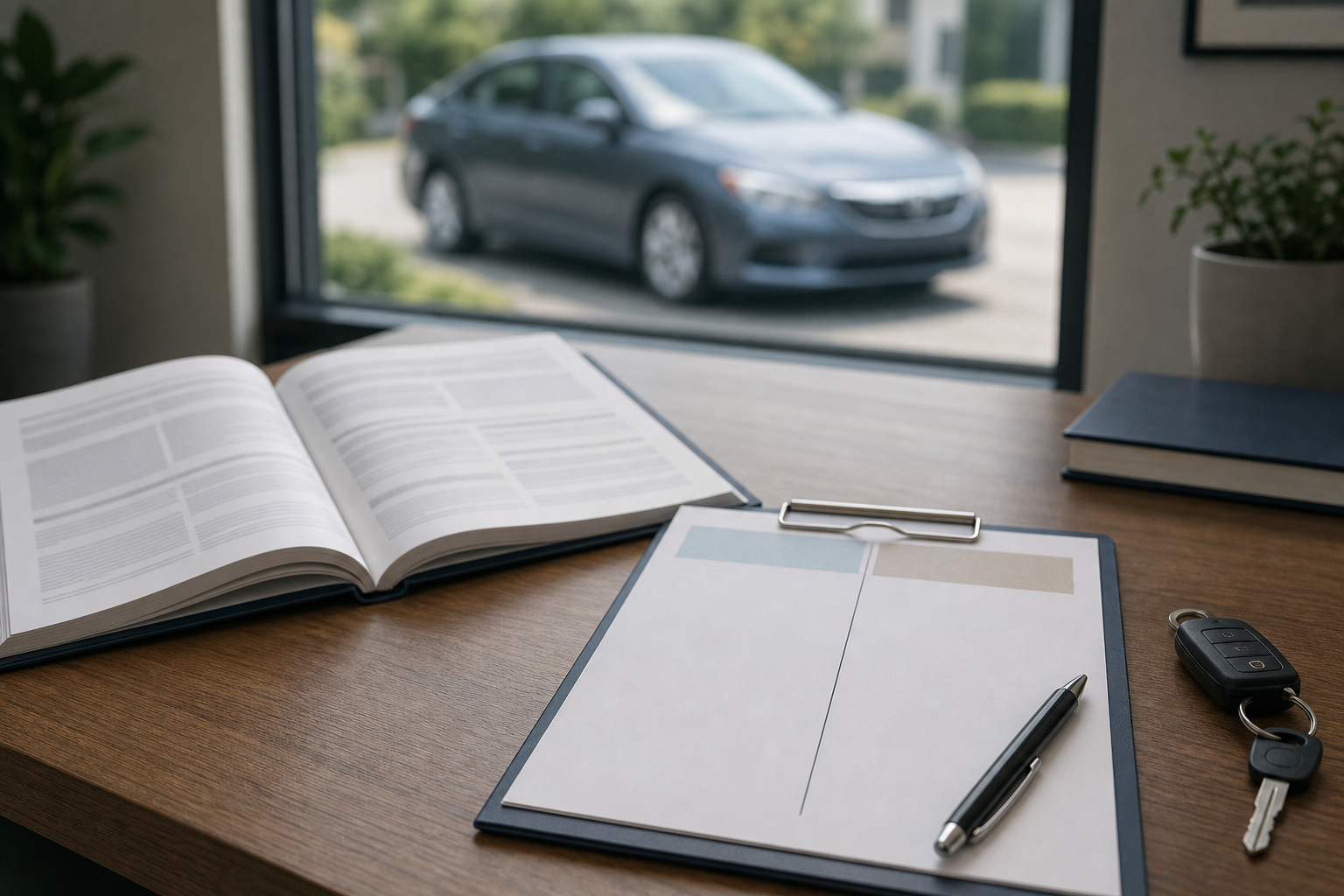 Car insurance documents, clipboard, and vehicle keys