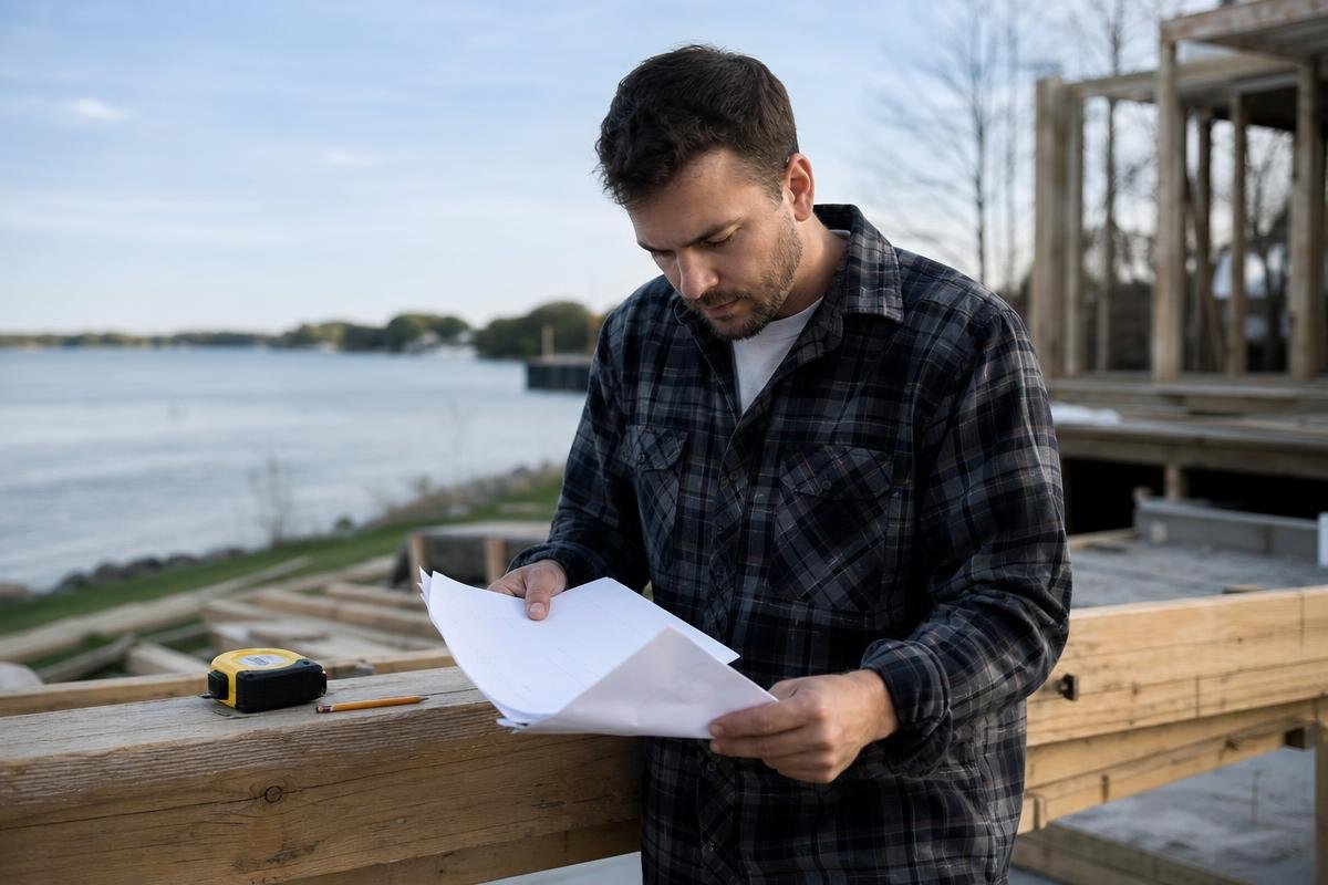 Contractor reviewing project documents at a Fox Lake waterfront job site