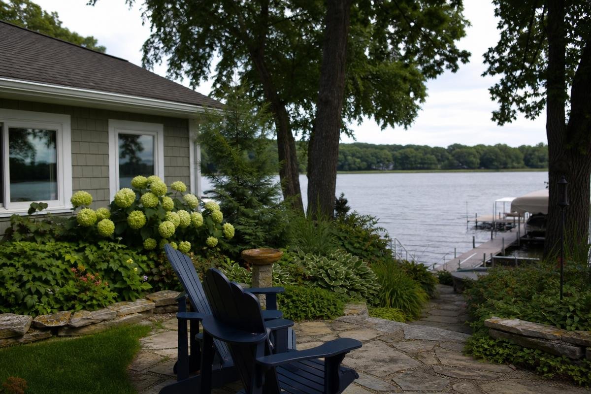 Lakefront Fox Lake home and shoreline patio