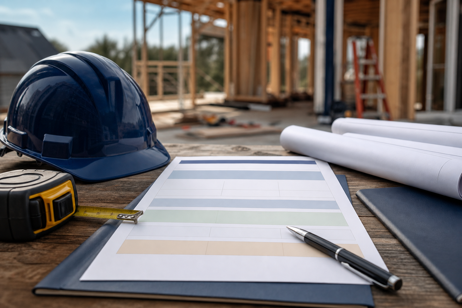 Hard hat, plans, and contractor insurance paperwork at a construction site