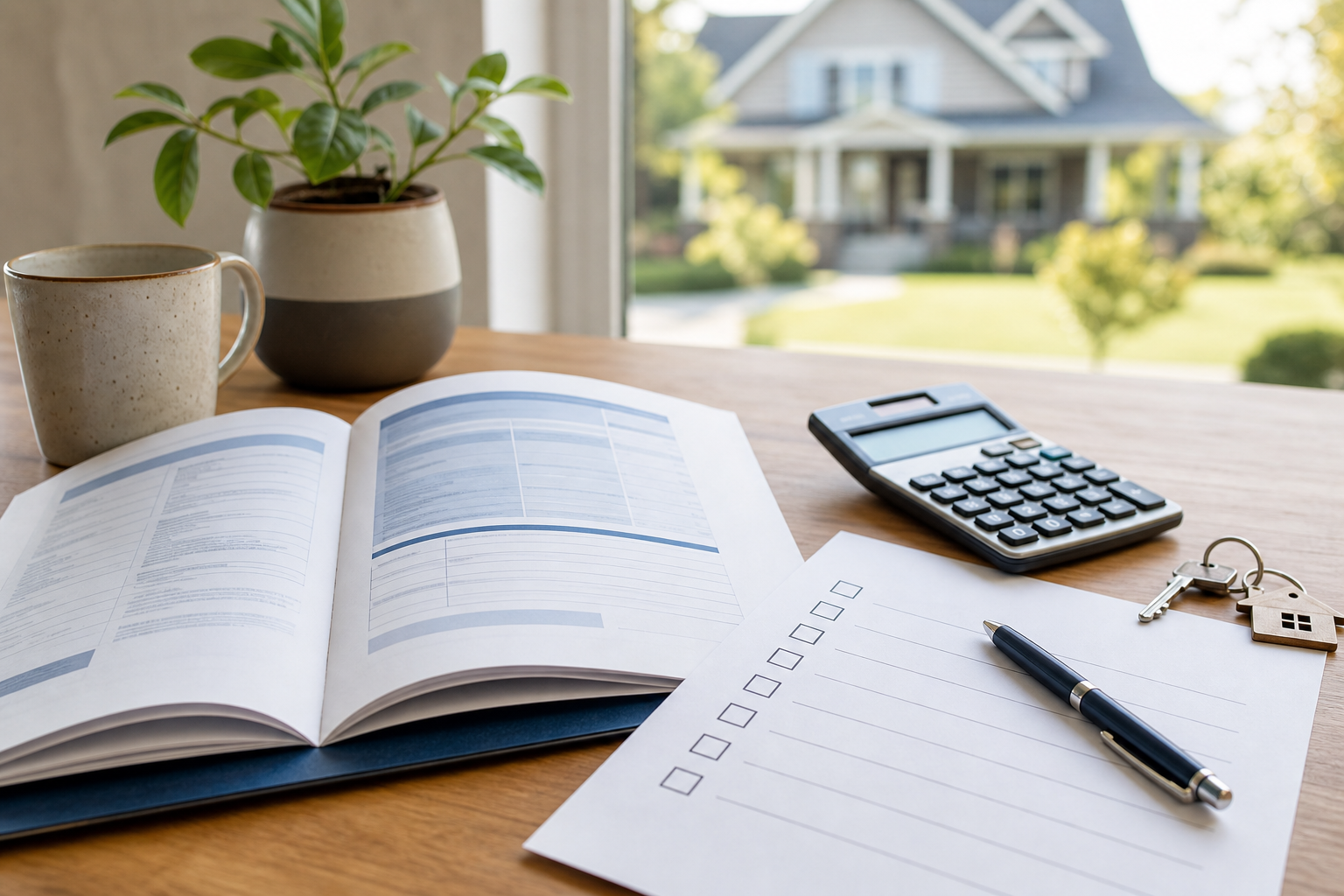 Home insurance policy review with calculator and house keys