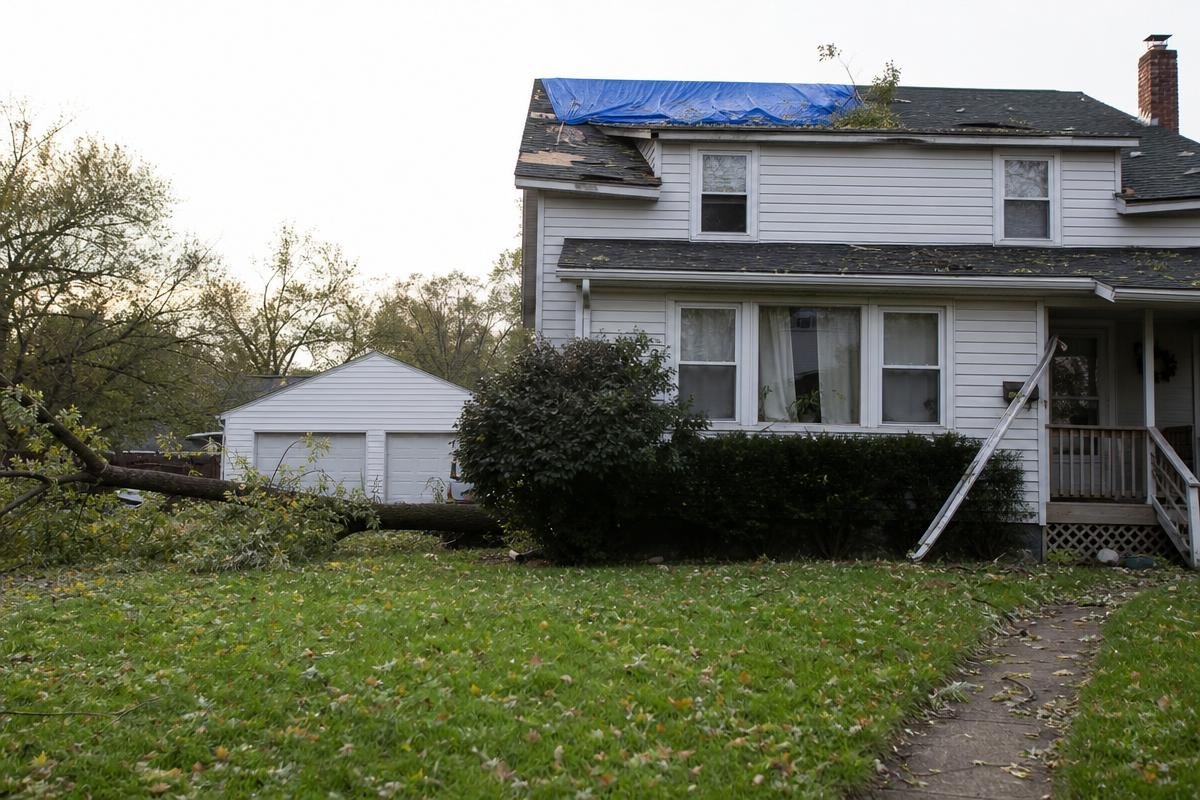 Fox Lake home with storm damage and a tarp on the roof