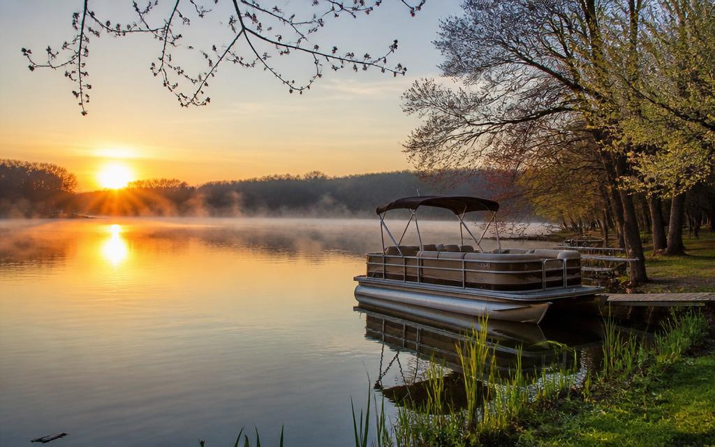Pontoon boat docked on a calm Chain O'Lakes shoreline at sunrise in spring