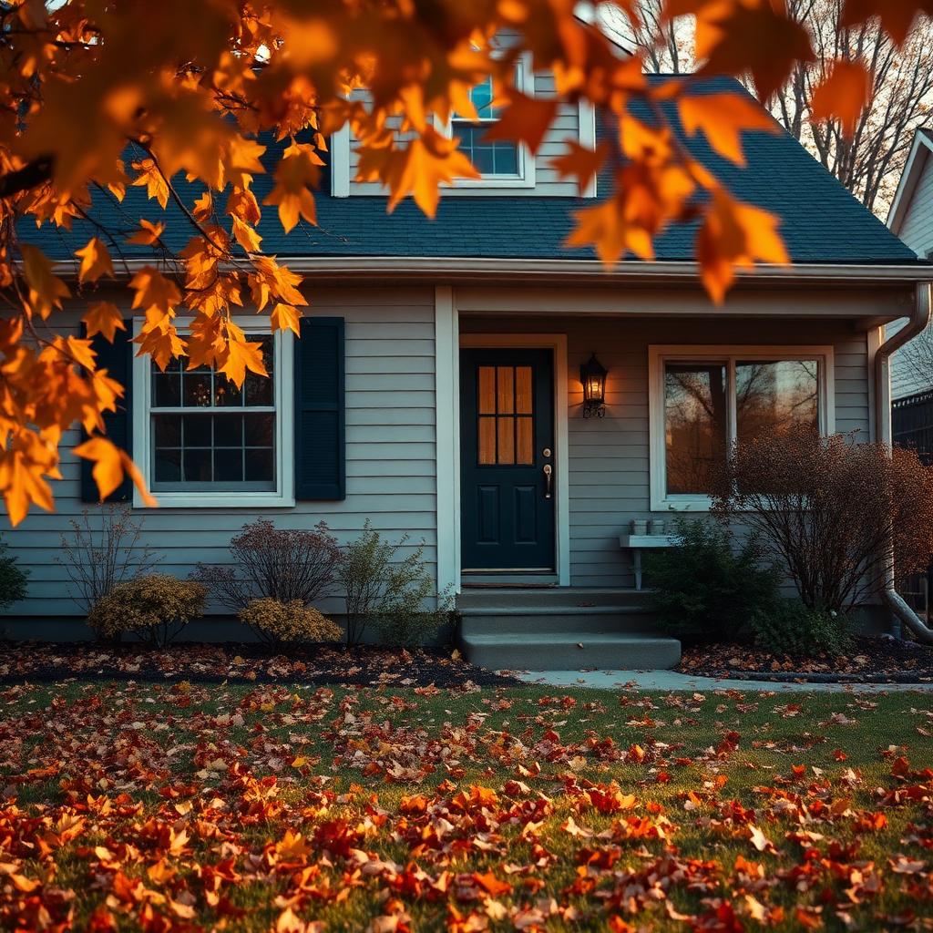 Northern Illinois home with fall leaves and warm porch light at dusk