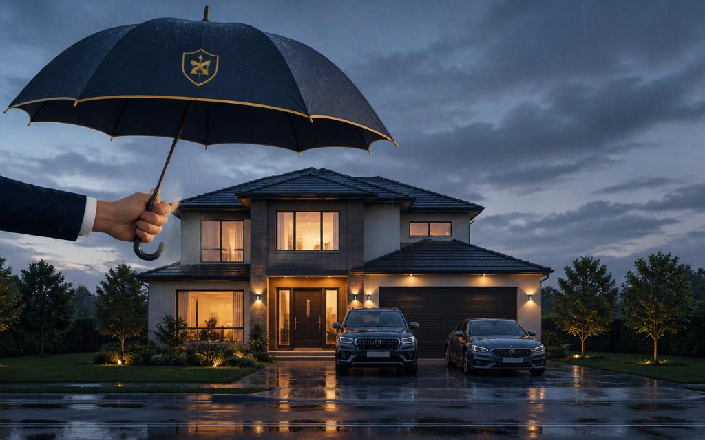Large umbrella protecting a home and vehicles during a rainstorm
