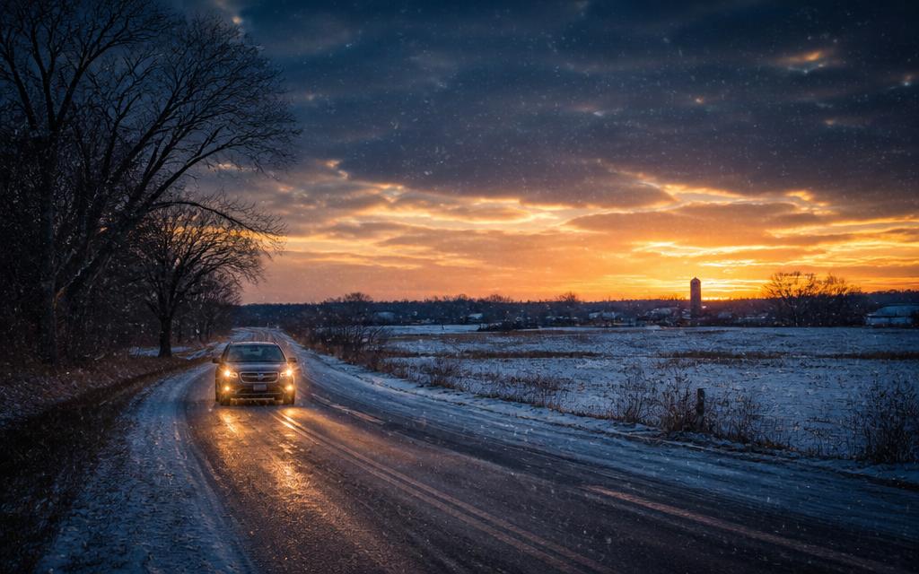 Vehicle driving carefully on a snowy rural road at sunset in Northern Illinois